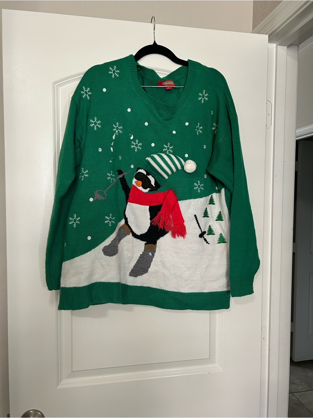 Green Penguin Ski Holiday Sweater - Women's Crew Neck